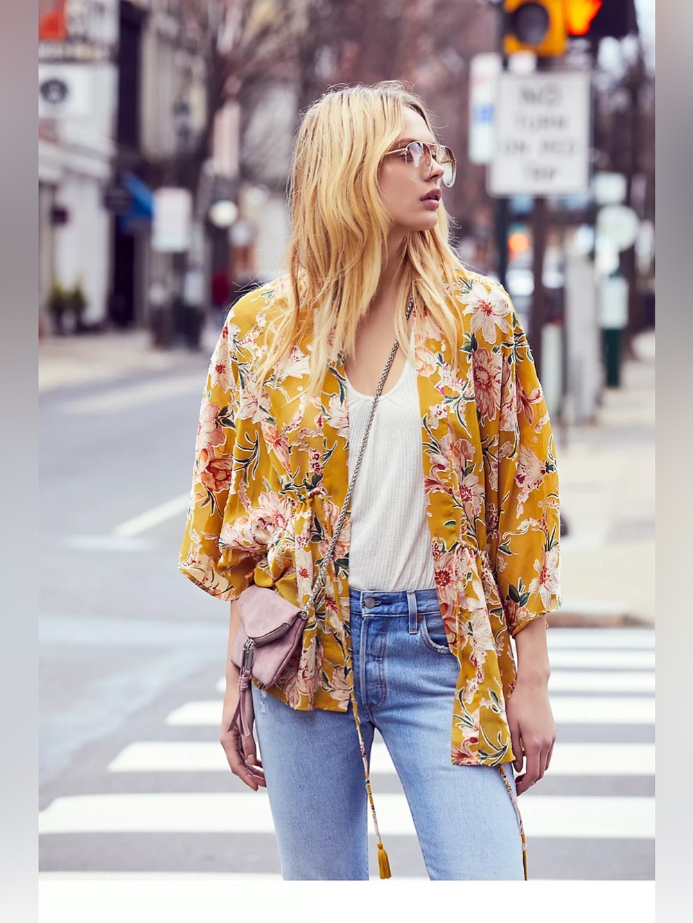 Free People Only In Dreams Burnout Kimono, Mustard Yellow with Pink Florals